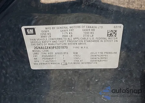 2015 Chevrolet Equinox 2Lt from USA, damaged, VIN 2GNALCEK9F6301879